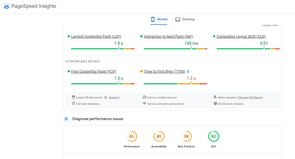 معیارهای بررسی سرعت سایت بات ابزار PageSpeed Insights